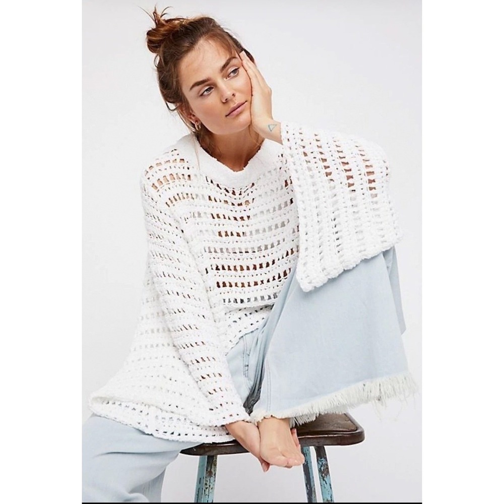 Free People Womens Crochet Open Knit Bell Sleeve Crop Sweater Size XS Oversized